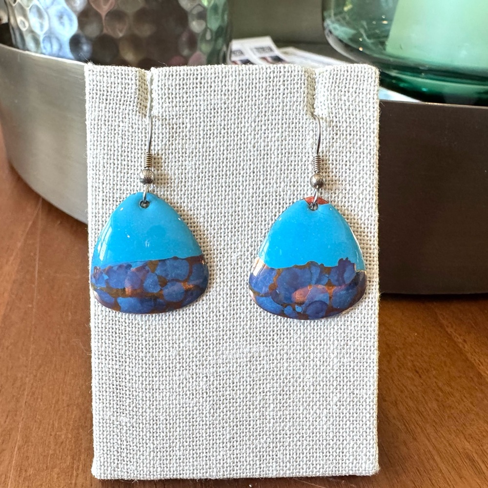 Blue and Copper Enameled Earrings